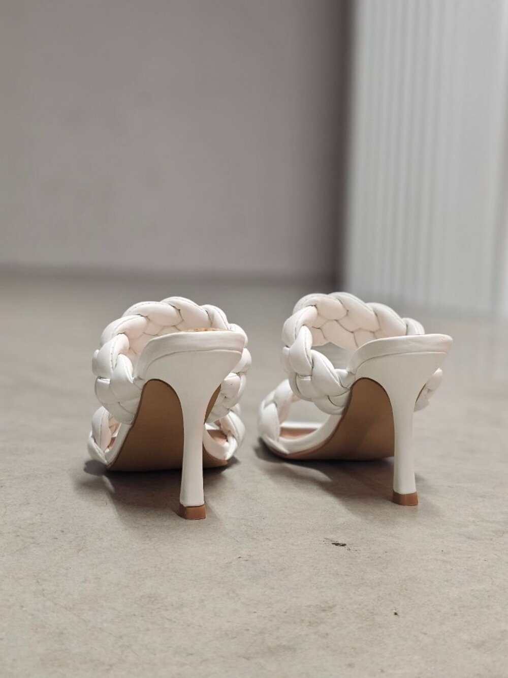 White Braided Heeled Sandals With Square Toe & Slip-On Style - Picture 6 of 12